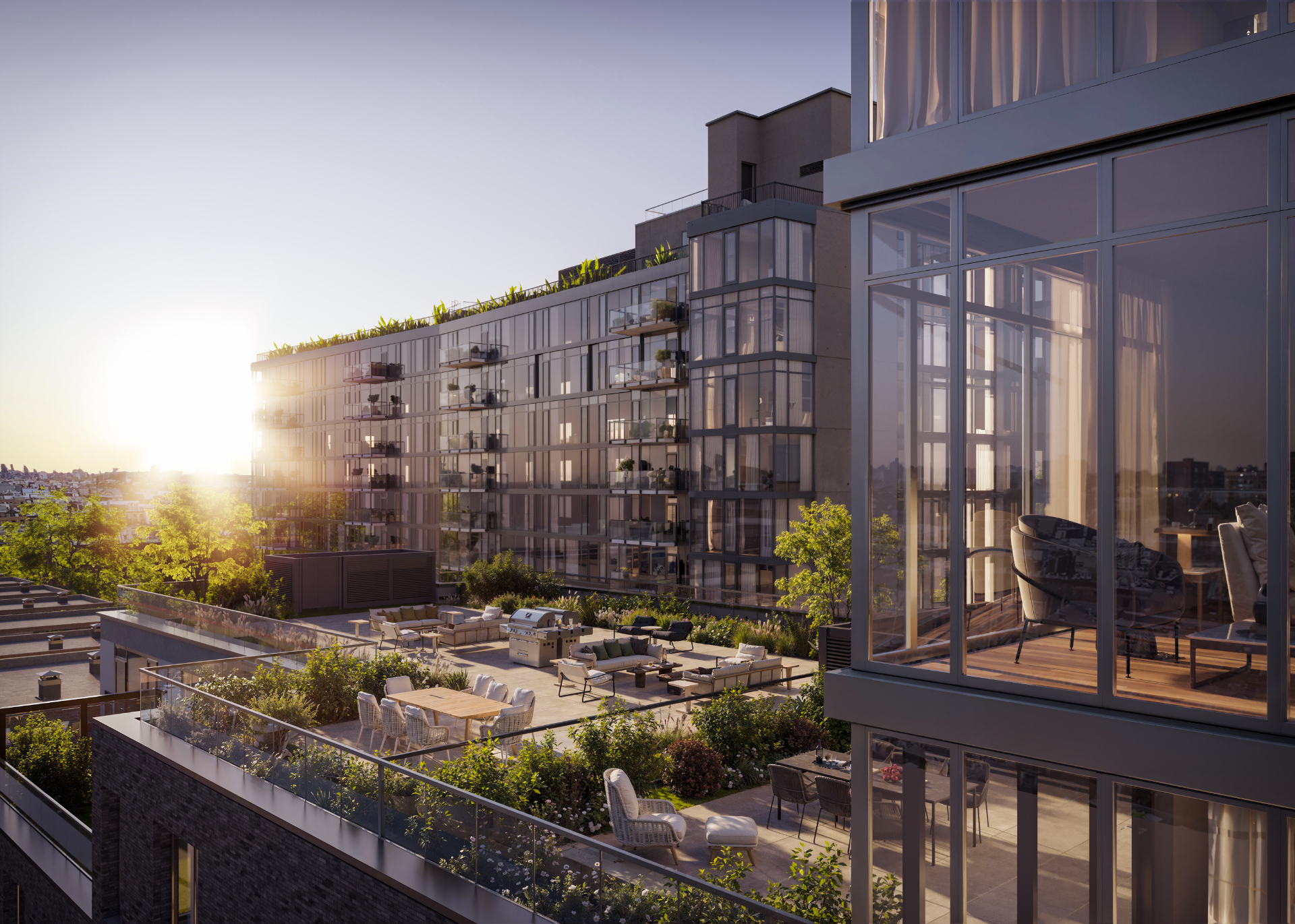 Aerial view of 12 Halsey rising above Bed-Stuy brownstones at golden hour