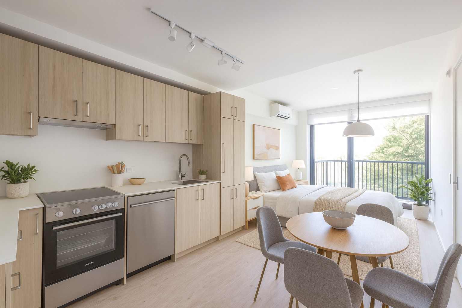 12 Halsey furnished studio with kitchen, bed, and dining area